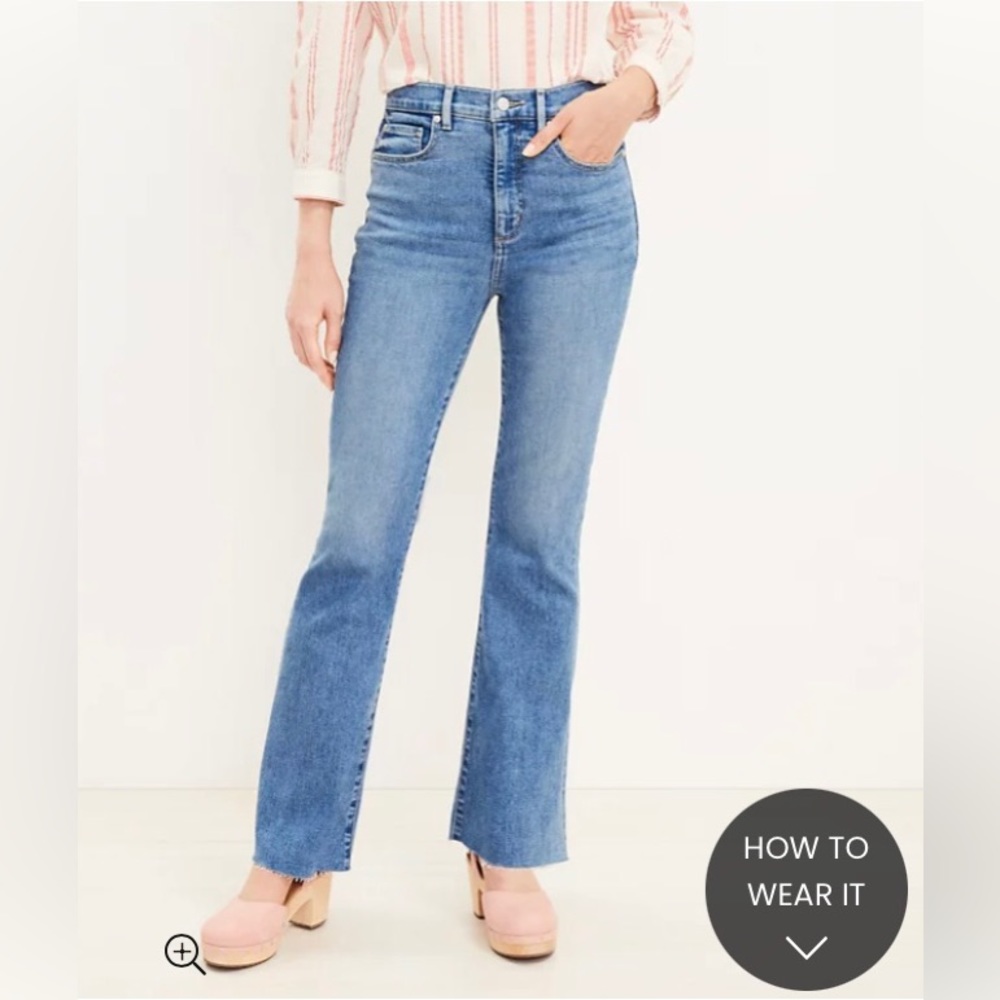 High rise slim flare leg LOFT jeans, distressed hem, lightly worn, 12/32
